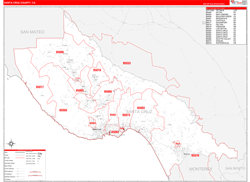 Santa Cruz County, CA Wall Map Zip Code Red Line Style 2024
